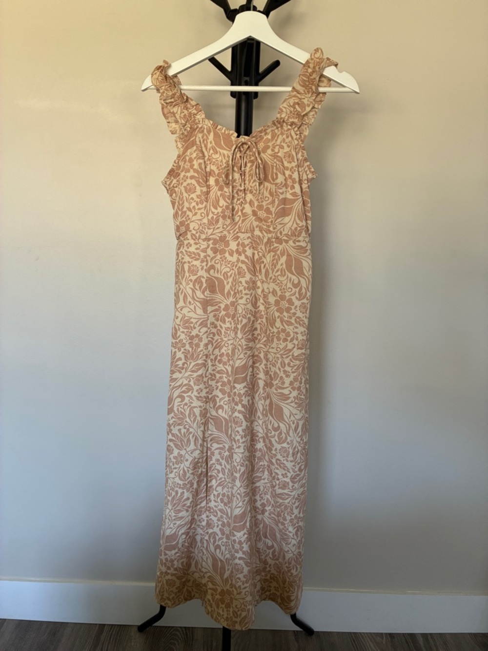 Japna Sweet Summer Dress with Smocking | S | Tan and White